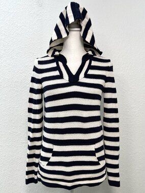 TALBOTS Womens XS Navy/White Stripe L/S Hooded SWEATER Pocket Resort Cruise EUC